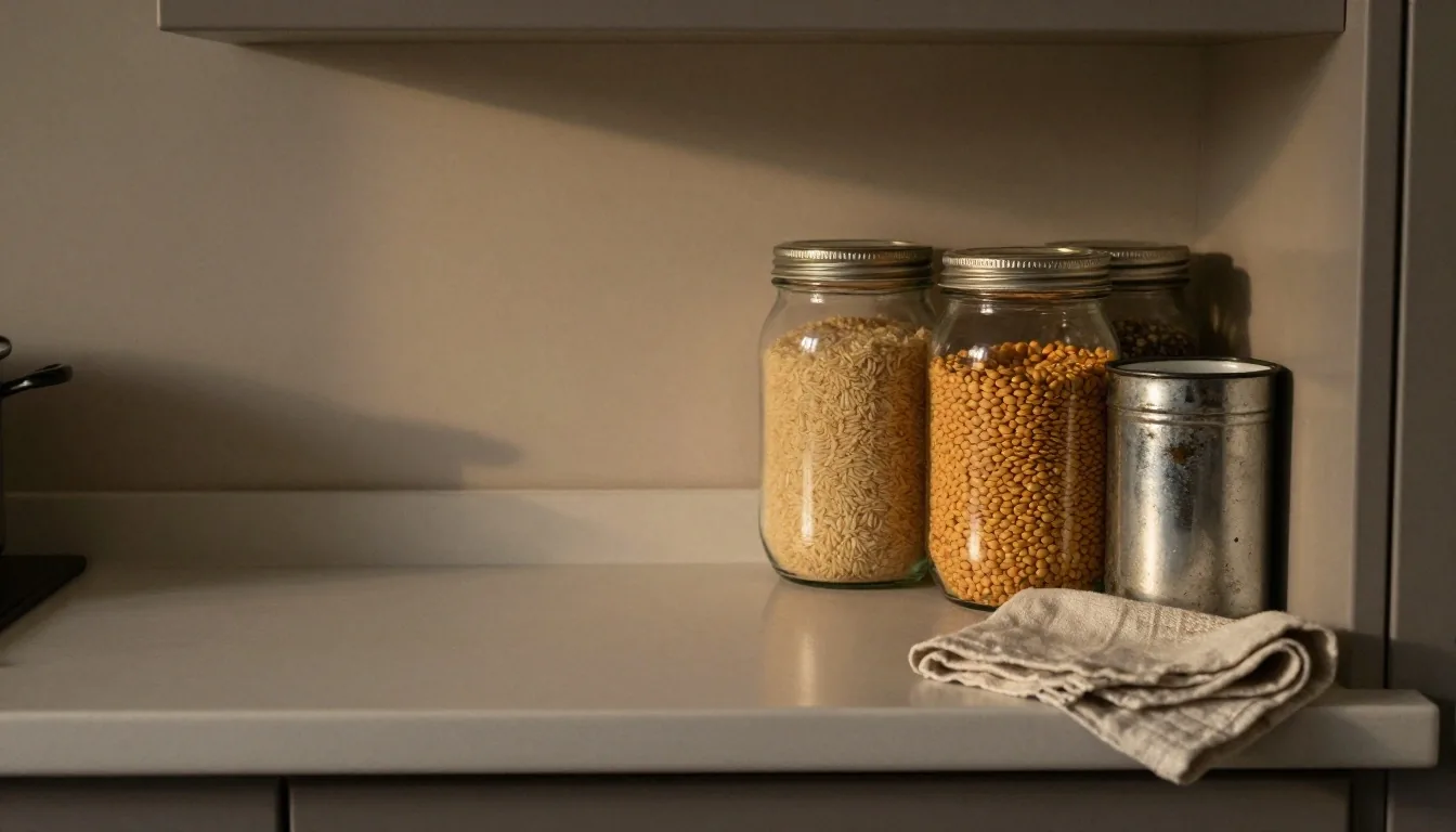 A UK kitchen counter at dusk with glass storage jars, an enamel tin and a bowl of vegetable peelings on a trestle shelf