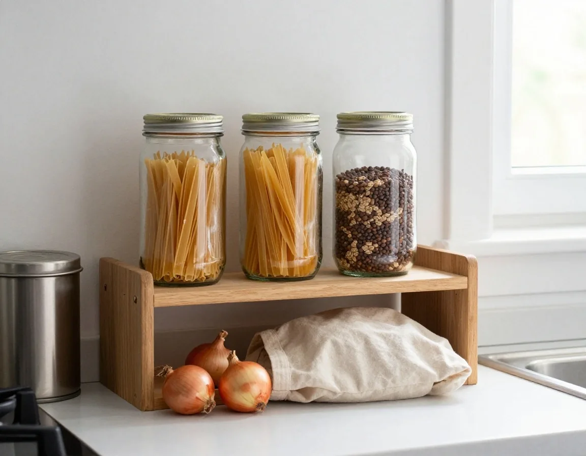 Hands rearranging glass jars and a cloth produce bag on a kitchen shelf