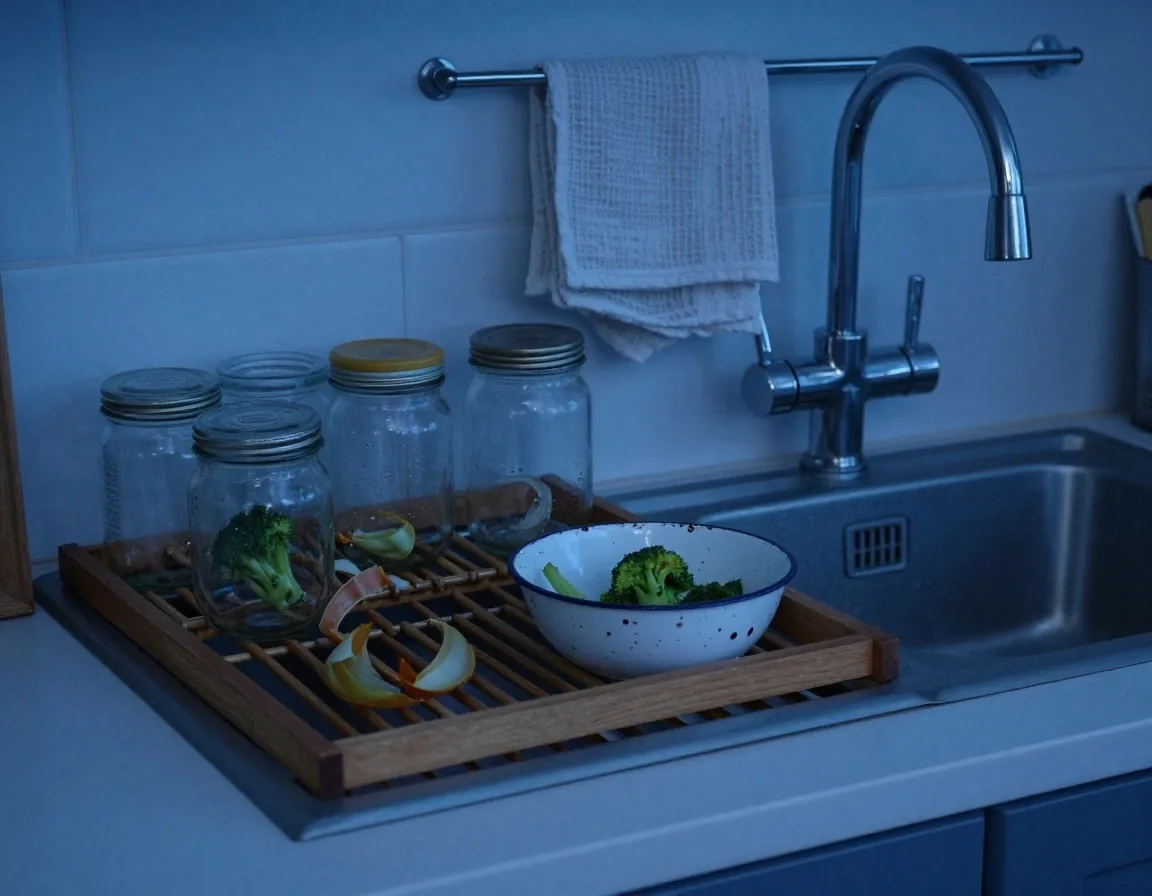 Washed glass jars drying upside down beside a bowl of vegetable trimmings on a kitchen counter