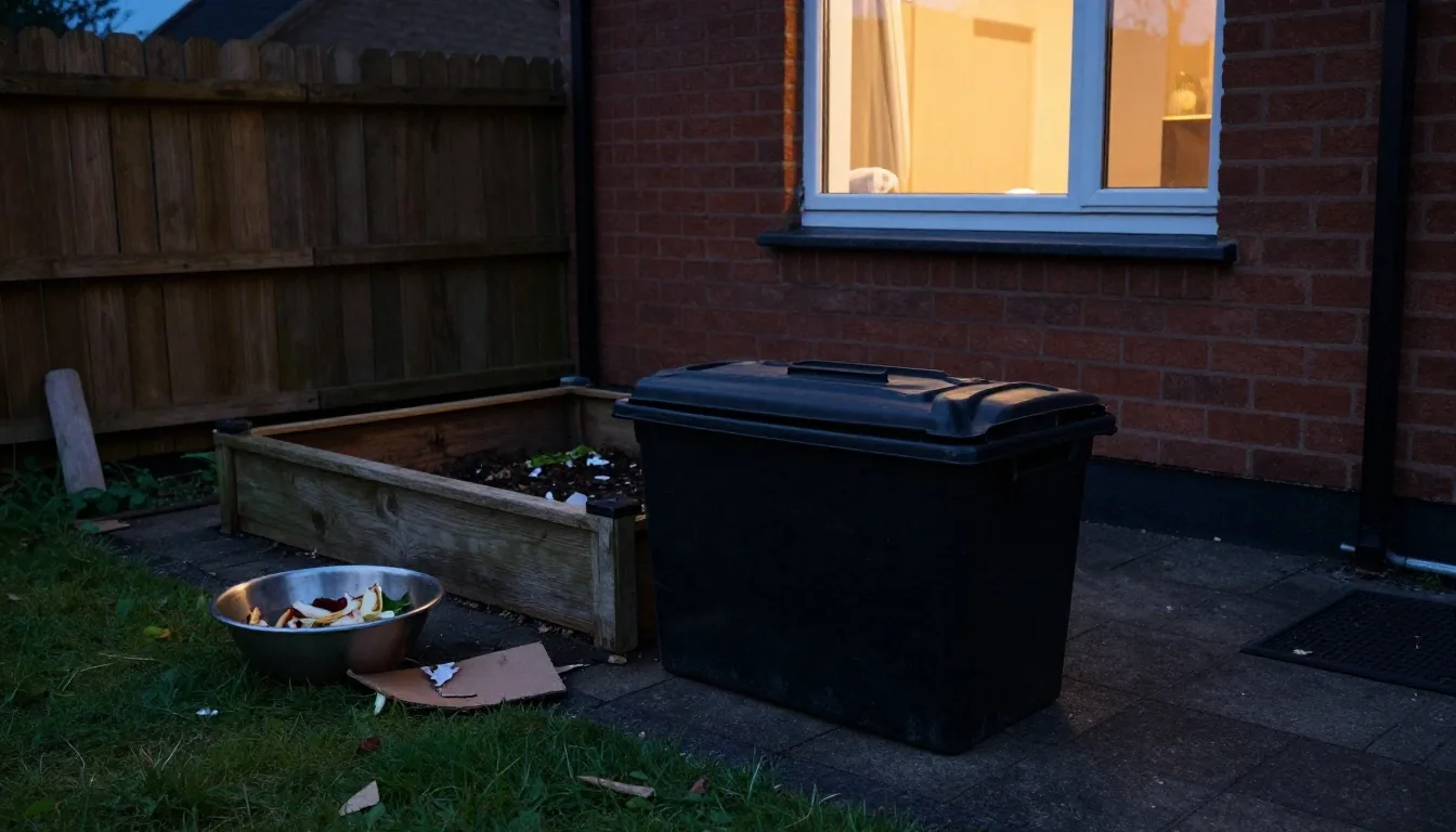 A compost bin and a bowl of kitchen scraps on a garden path at dusk