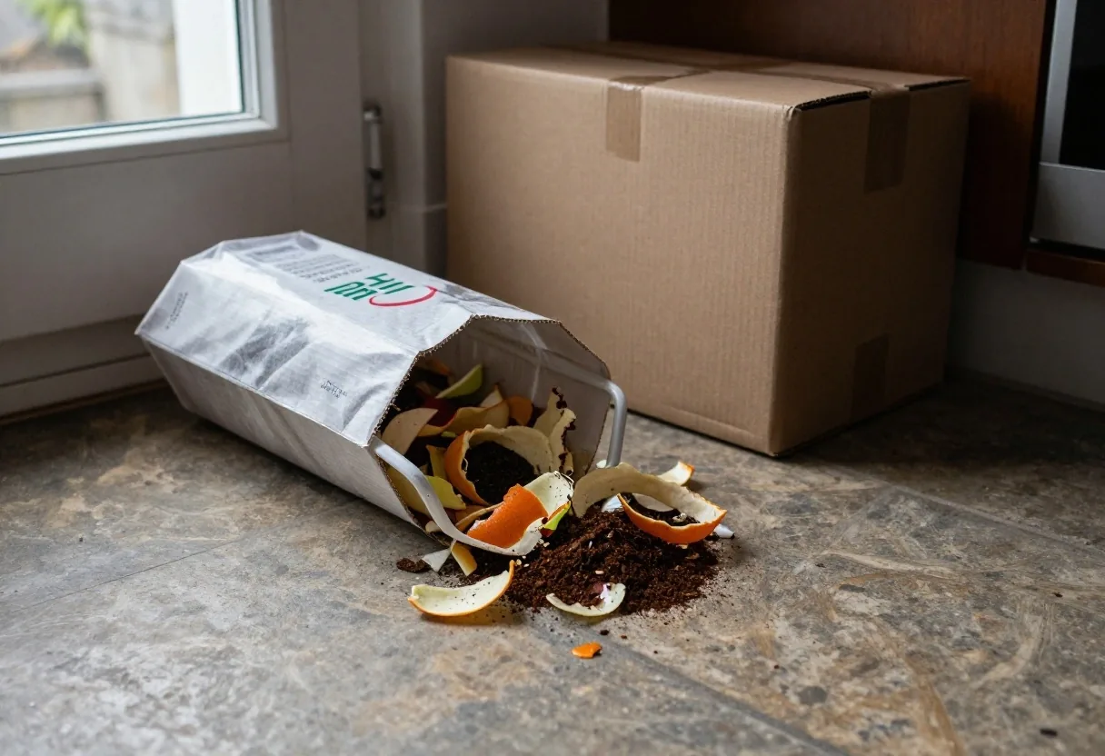 A kitchen caddy of vegetable peelings beside flattened cardboard