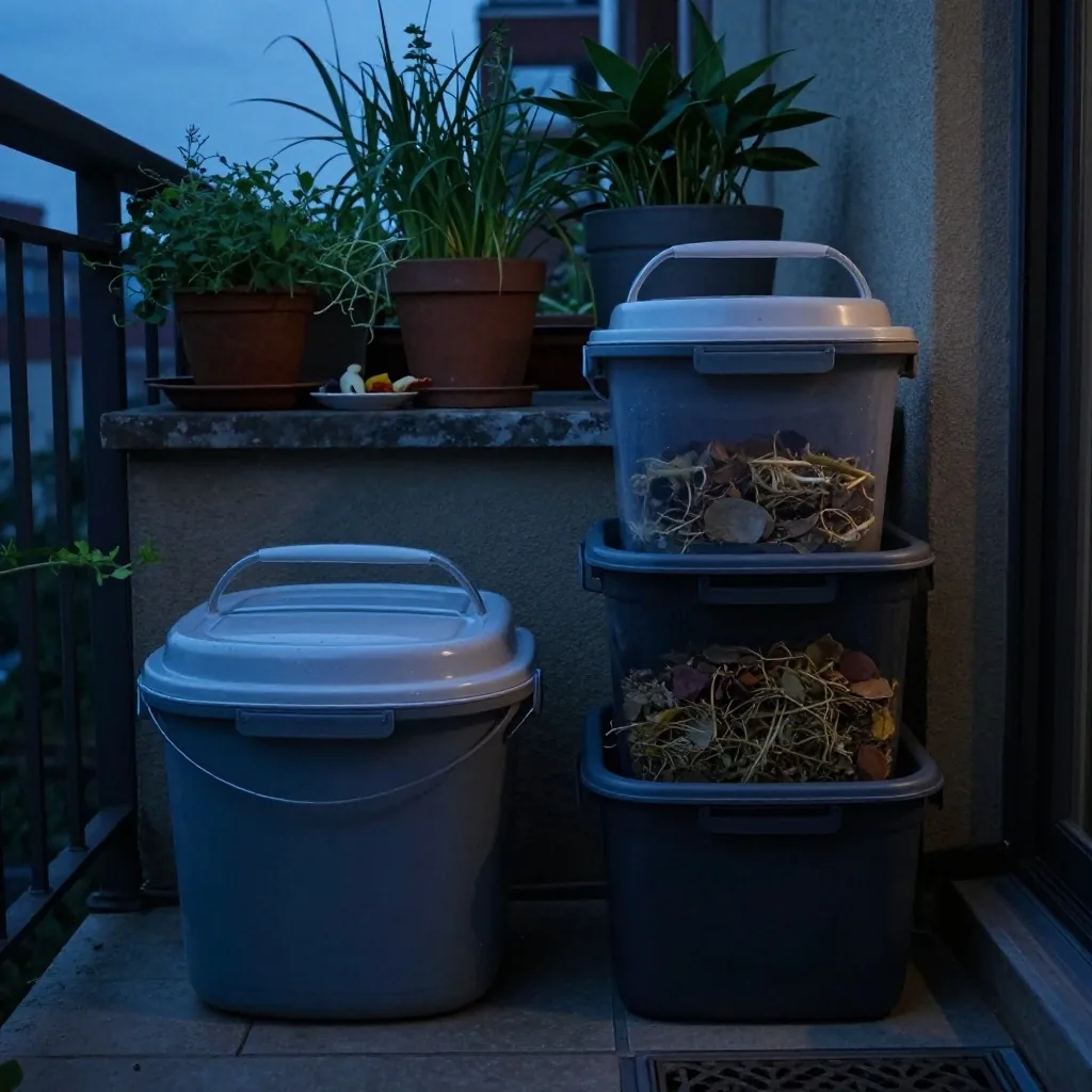 A wormery and a bokashi bucket on a balcony beside potted herbs
