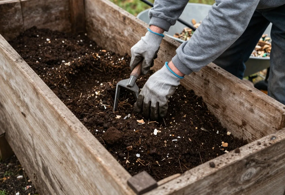 Gloved hands forking finished compost beside a raised bed