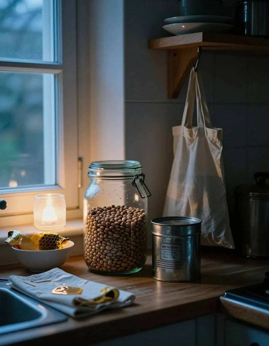 Reusable glass jar, steel tin, beeswax wrap and cotton produce bag on a kitchen counter at dusk