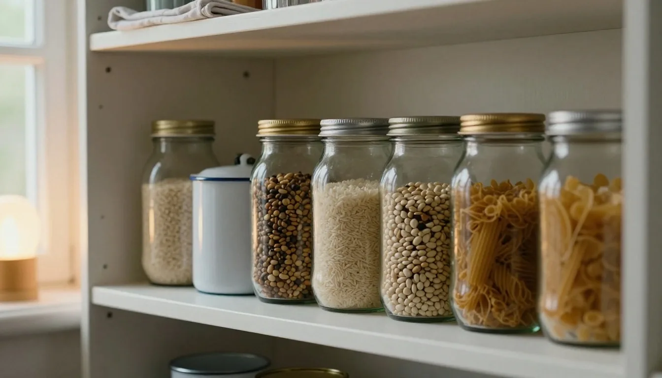 A pantry shelf of reused glass jars holding rice, pasta and dried beans beside enamel tins