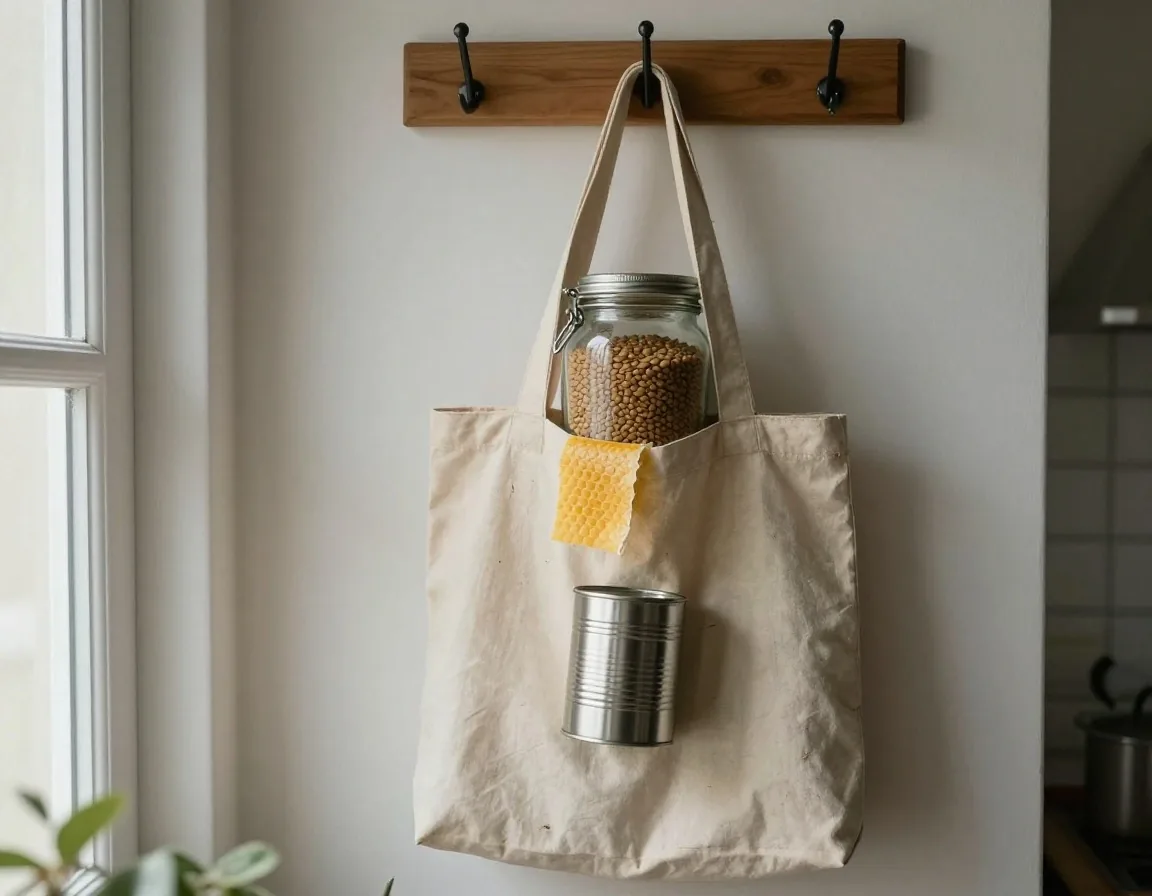A folded beeswax wrap holding half a lemon beside a stainless steel tin and glass jars of lentils