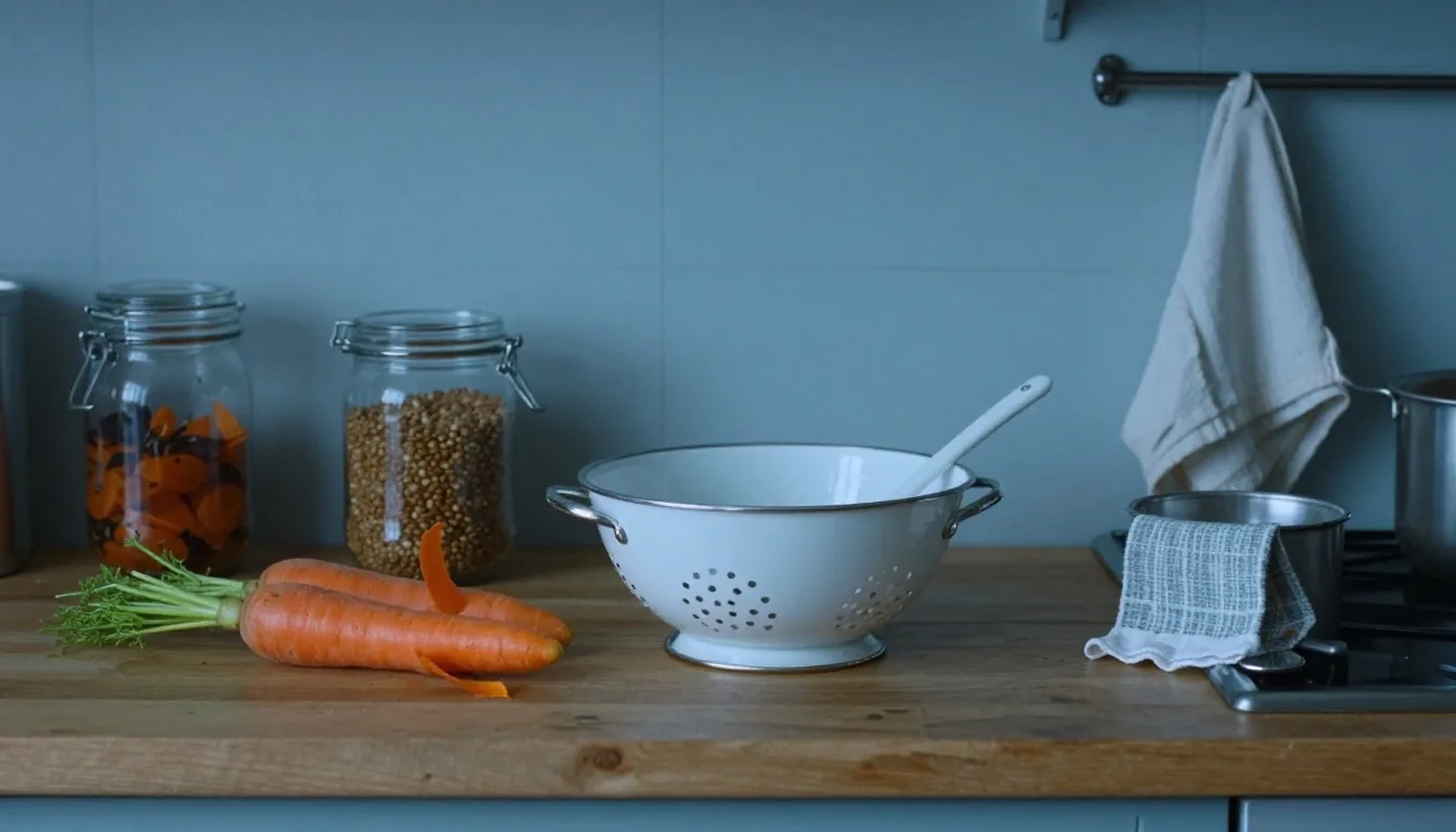 A UK kitchen counter at dusk with glass jars of dry goods, a trestle table and a bowl of vegetable scraps