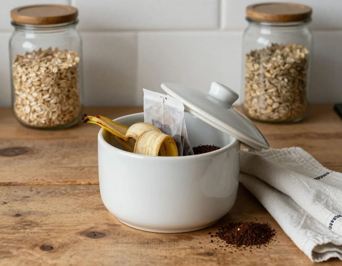 An open kitchen caddy on a countertop holding vegetable peelings, coffee grounds and eggshells