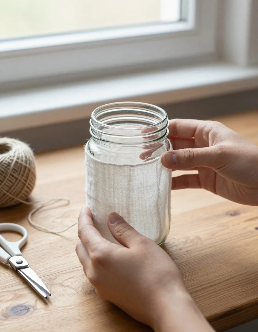 Two hands wrapping a clean glass jar in a strip of old cotton cloth on a wooden table