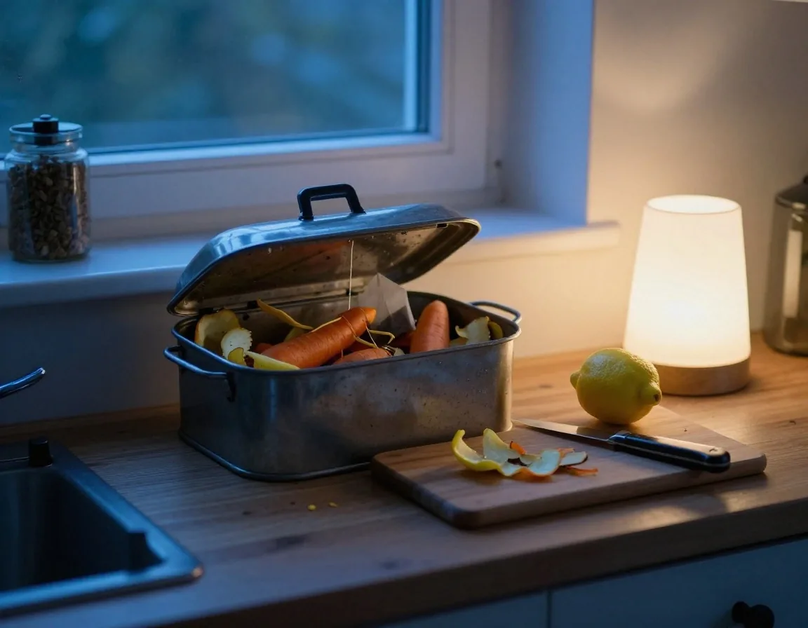 A small kitchen caddy holding vegetable peelings and onion skins on a worktop