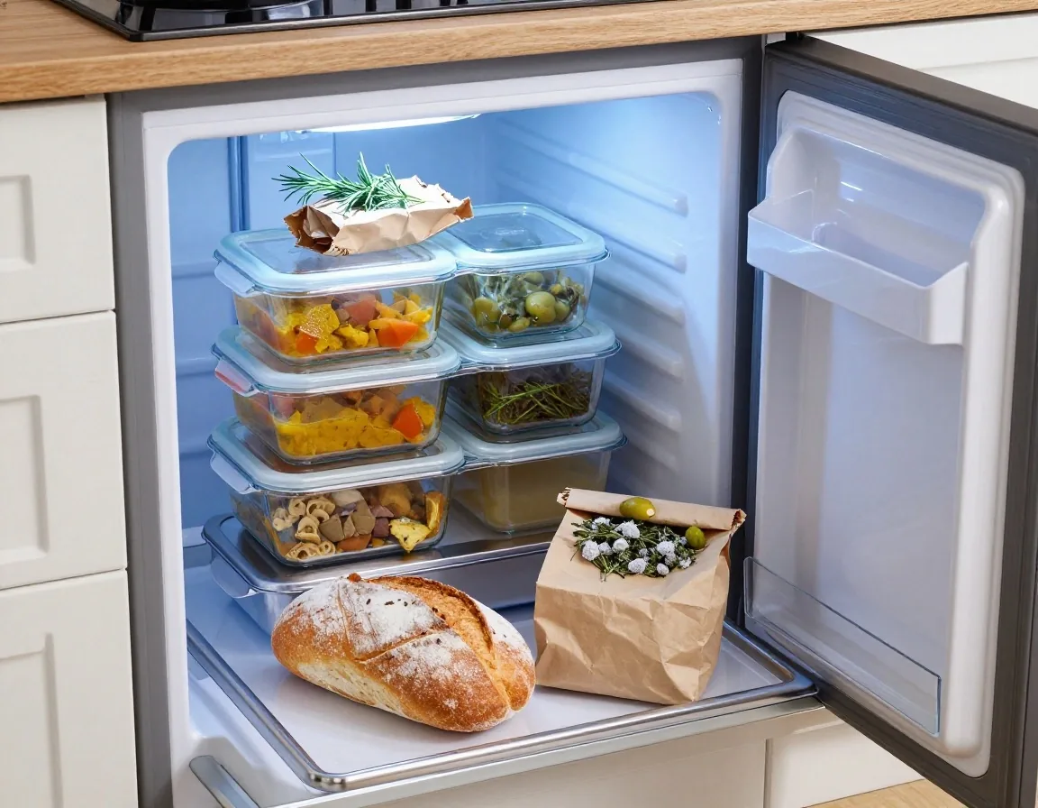 A freezer drawer with leftover portions in containers and a wrapped loaf of bread