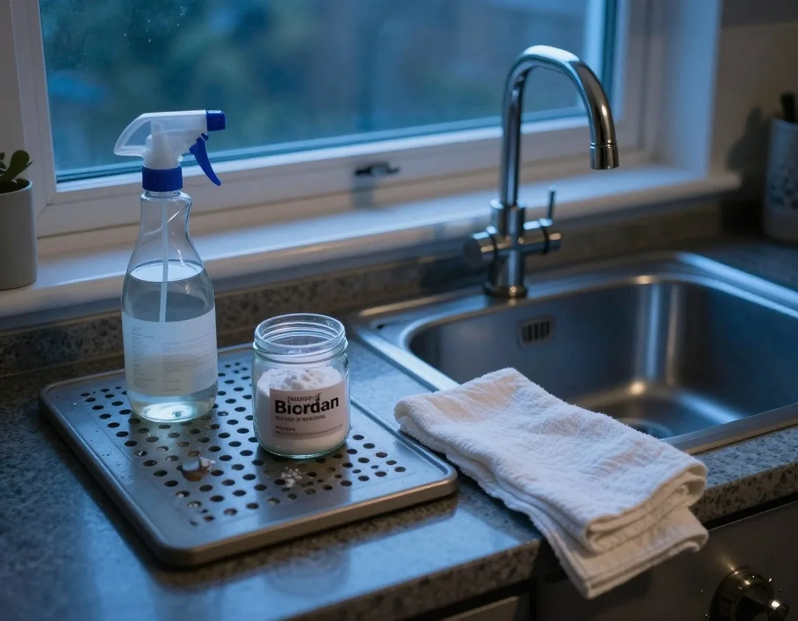A kitchen sink area with a spray bottle of diluted vinegar, a jar of bicarbonate of soda and a cotton cloth
