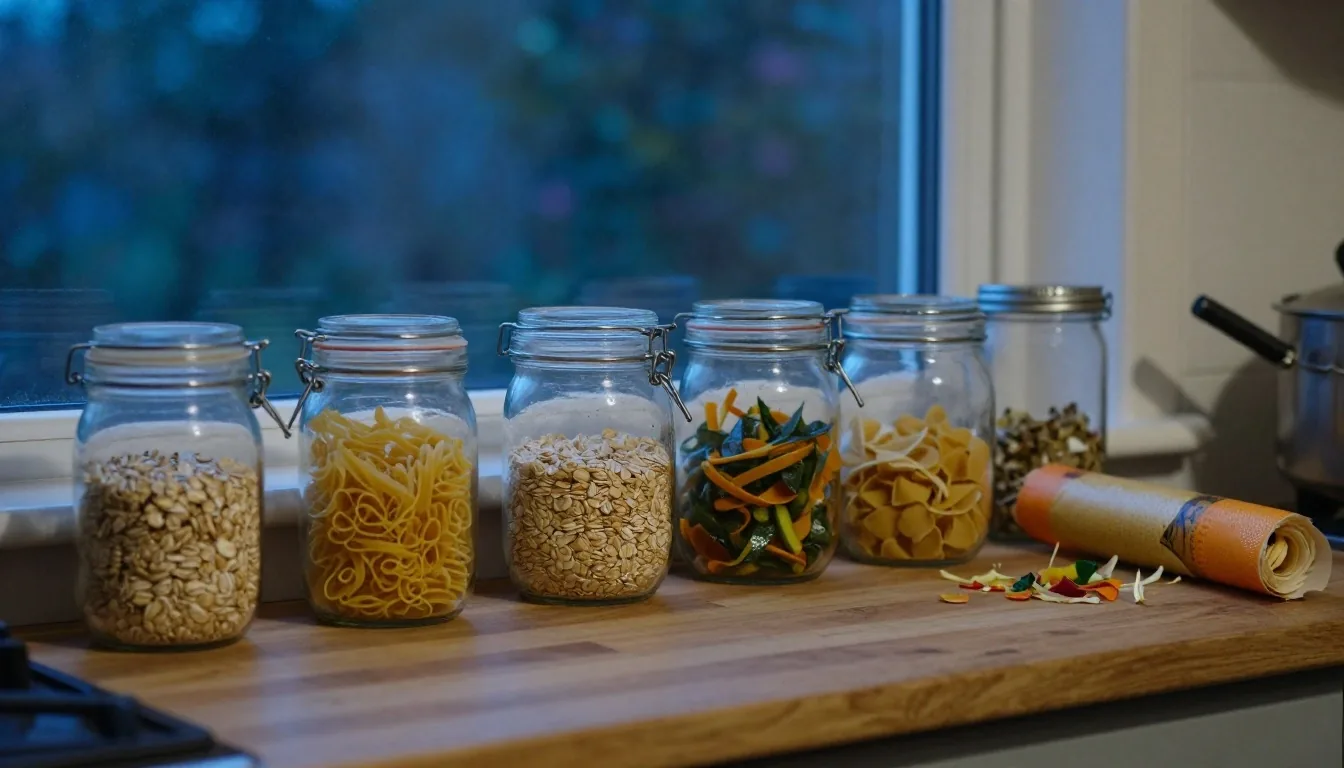 A UK kitchen counter at dusk with glass storage jars, a tray of vegetable scraps and a folded beeswax wrap