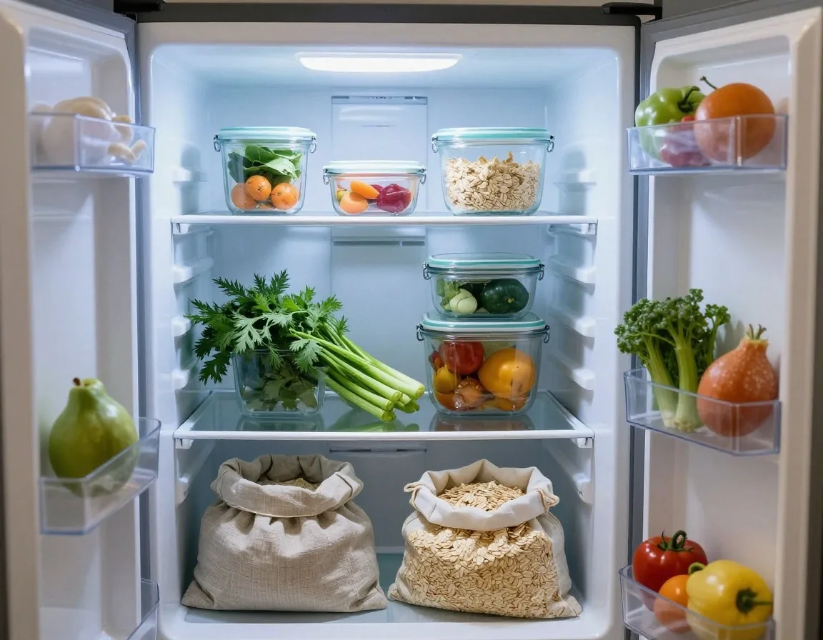 An open fridge with leftover portions in glass containers and soft vegetables kept at eye level