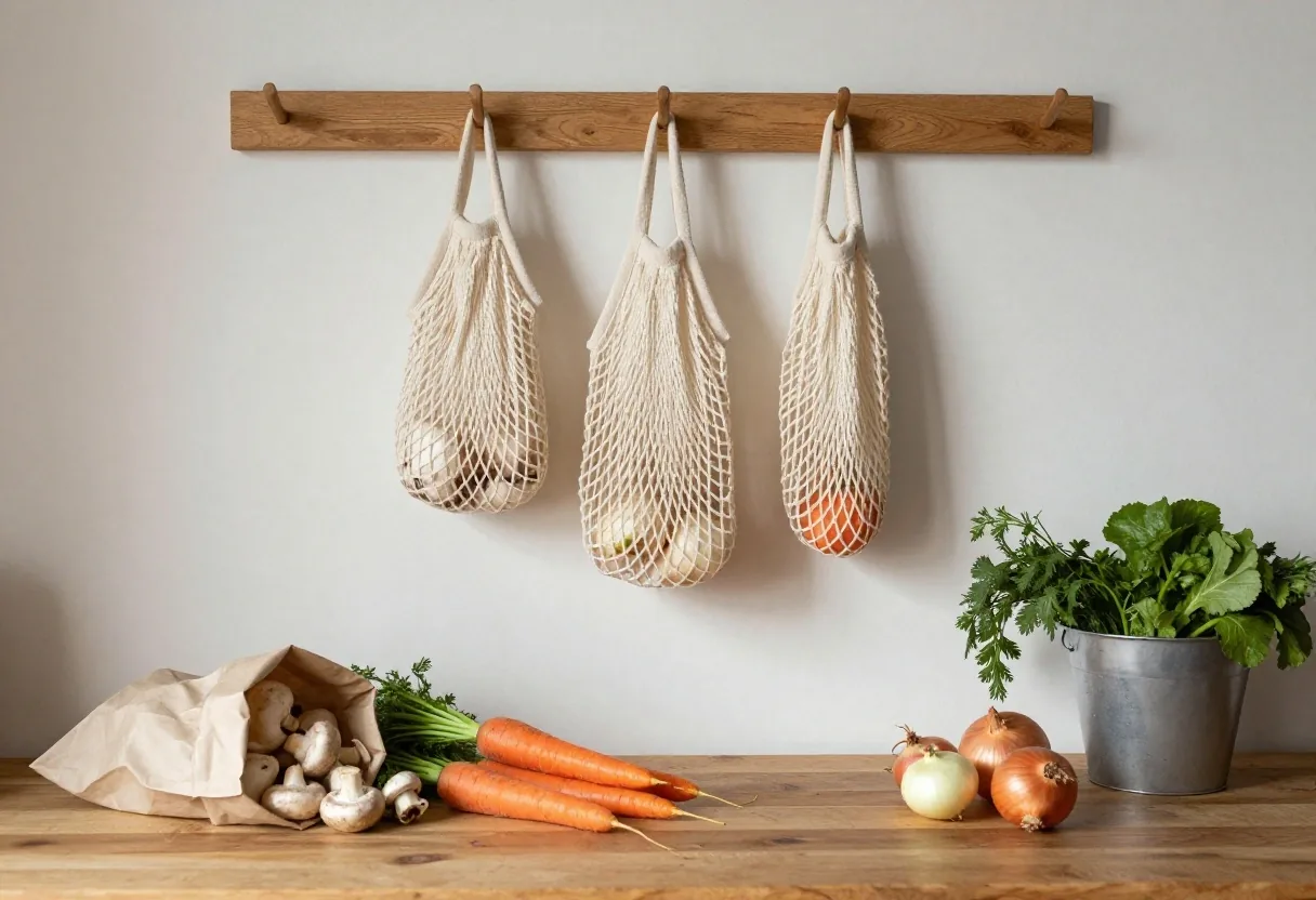 Cloth and mesh reusable produce bags hanging on a rail next to loose vegetables in a kitchen