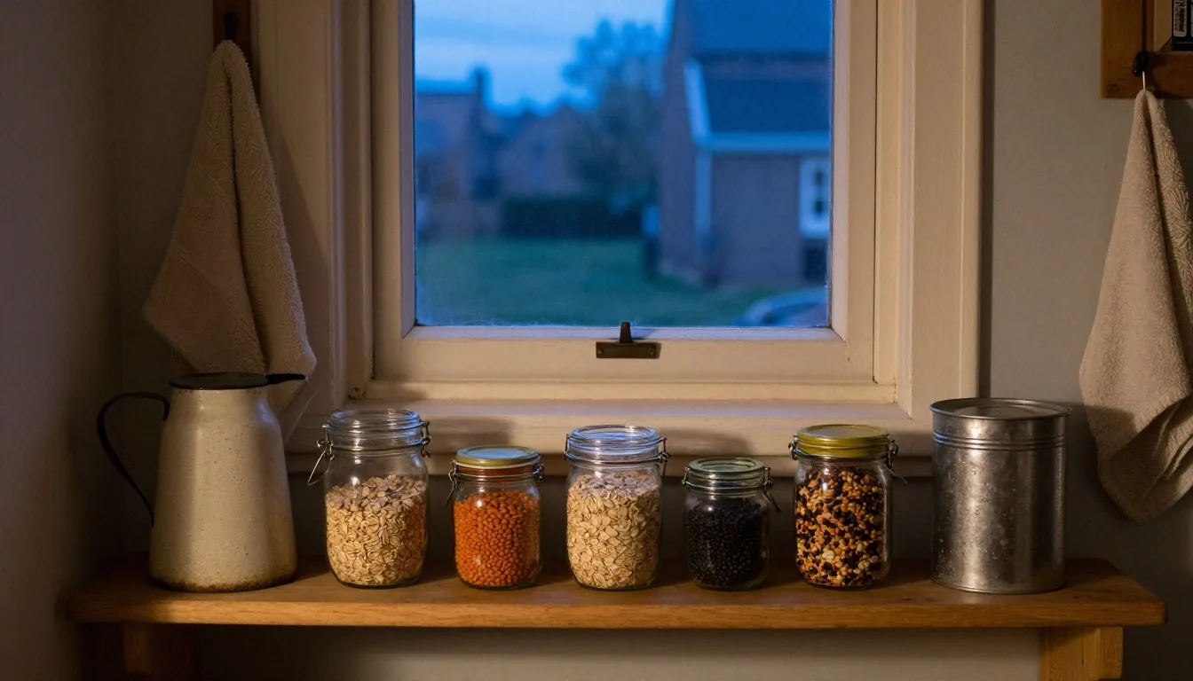 Reused glass jars with dry goods on a kitchen worktop in low evening light