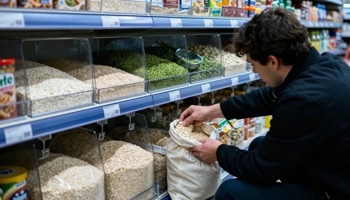A shopper filling a cloth produce bag from a loose oat bin in a UK supermarket bulk aisle at dusk