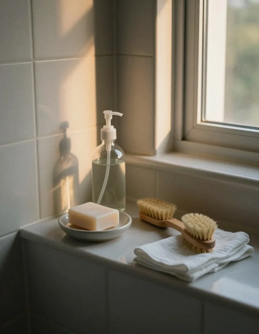A dark bathroom shelf with a bar of soap, a glass refill bottle, a wooden brush and folded cotton cloths