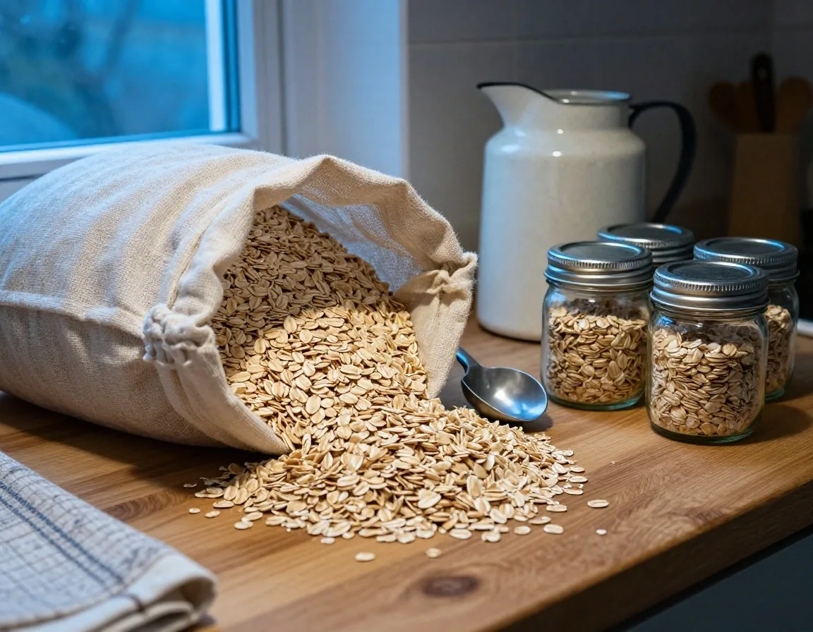 A bulk bag of flour split into five labelled glass storage jars on a kitchen counter at dusk