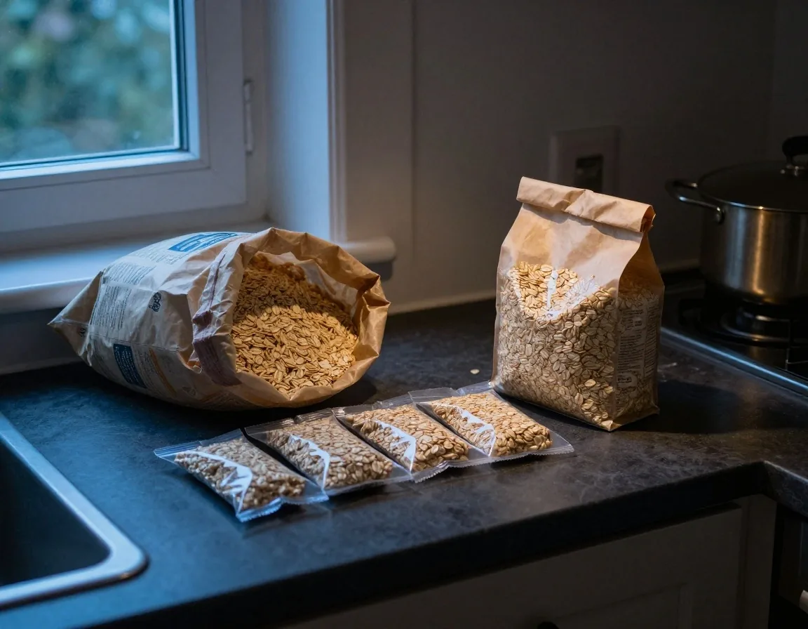 Large paper sacks of oats and rice next to five small plastic-wrapped packets of the same goods on a kitchen counter