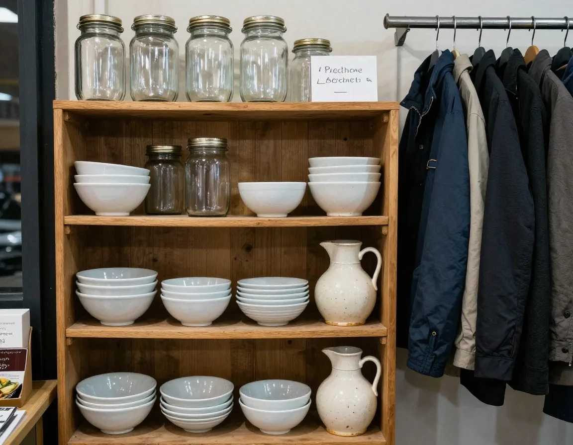 Shelves of secondhand glass jars and bowls in a British charity shop with a rail of donated clothing