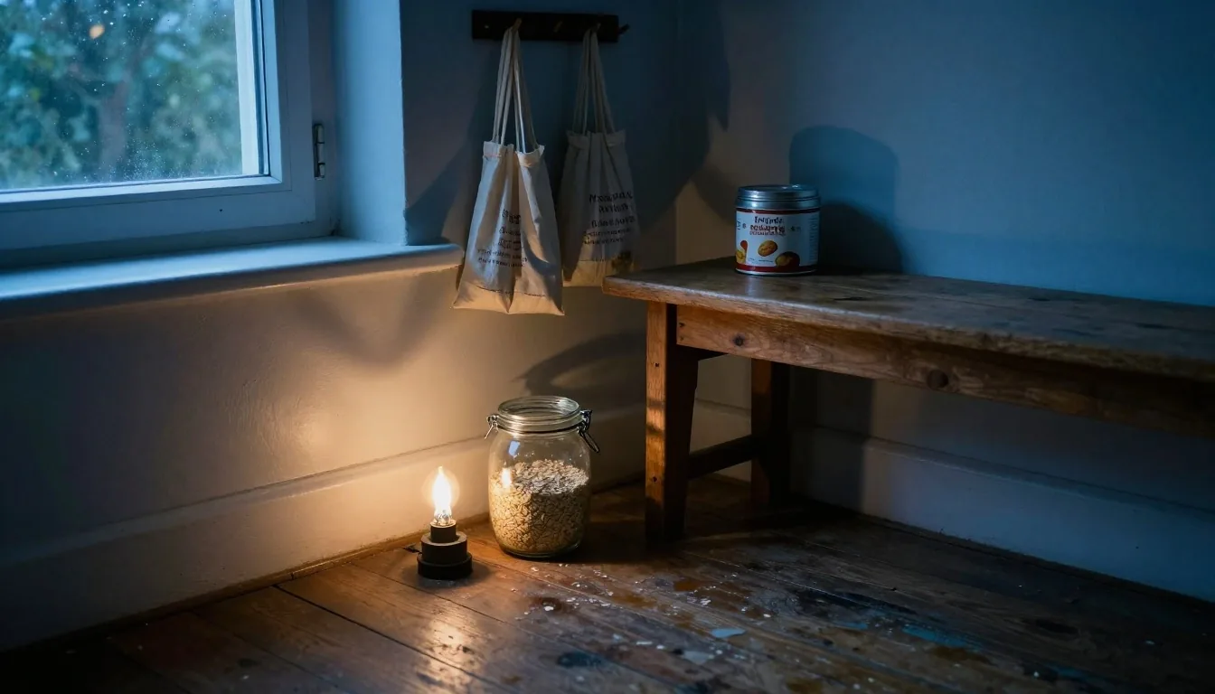 Glass jars of dry goods and cotton cloths stored on a wooden shelf in a UK kitchen at dusk