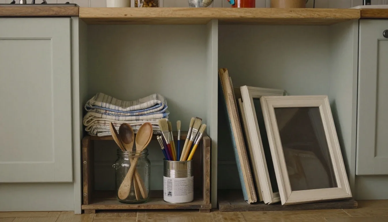 A kitchen corner where jars, a tin can and a crate have been given new jobs