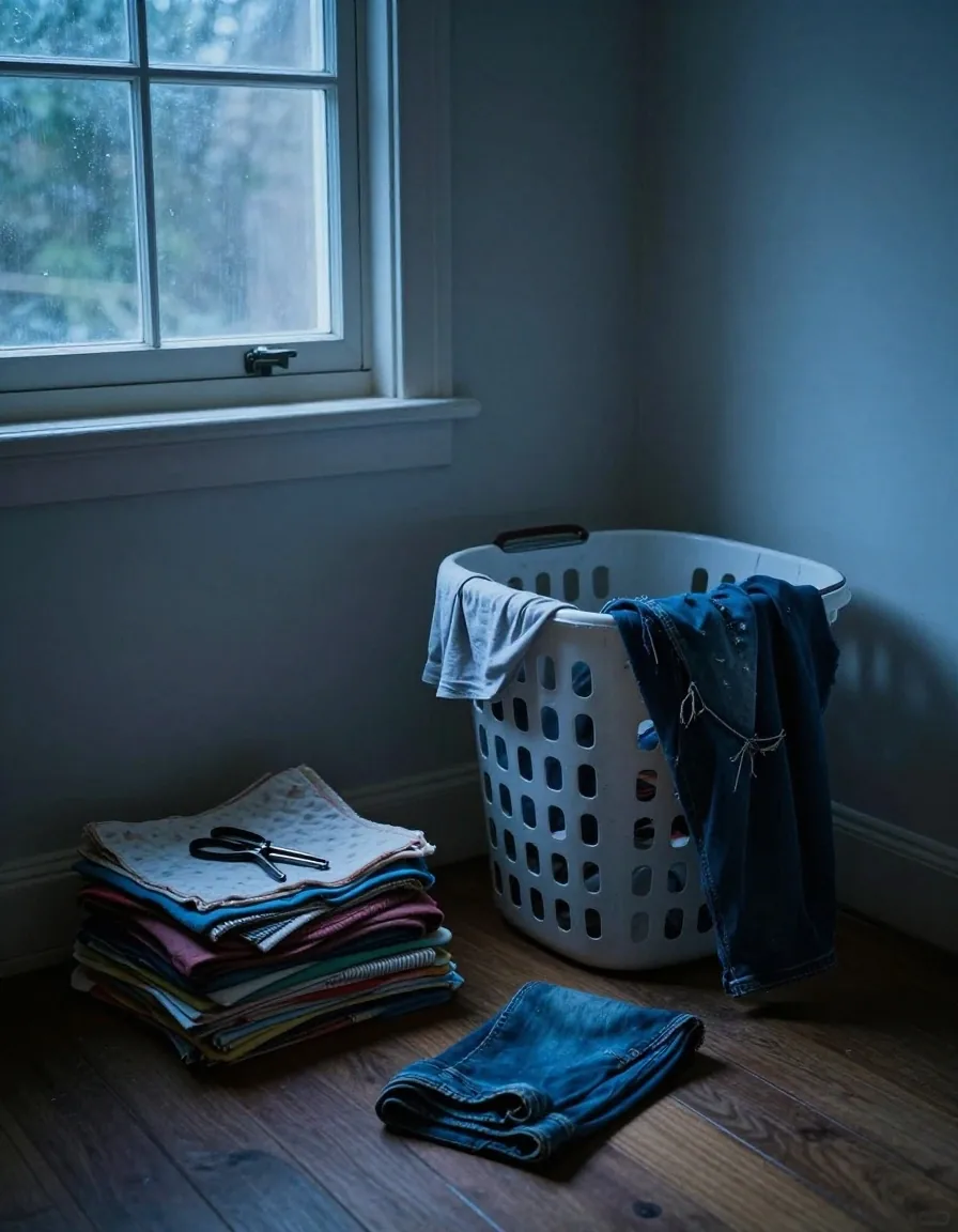 A worn t-shirt being cut into cleaning cloths on a kitchen table