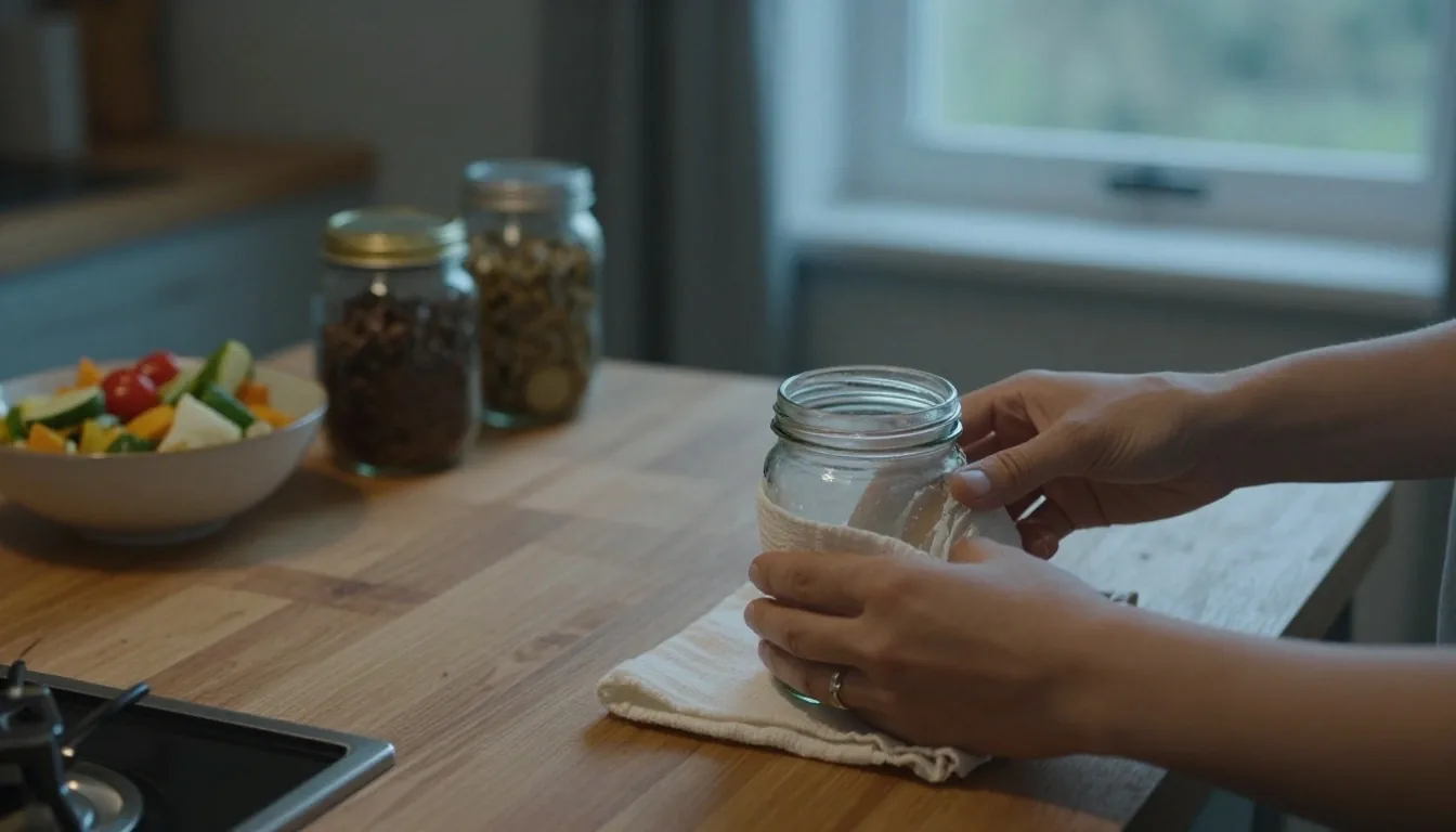Two hands wrapping a glass jar in cloth on a kitchen counter at dusk