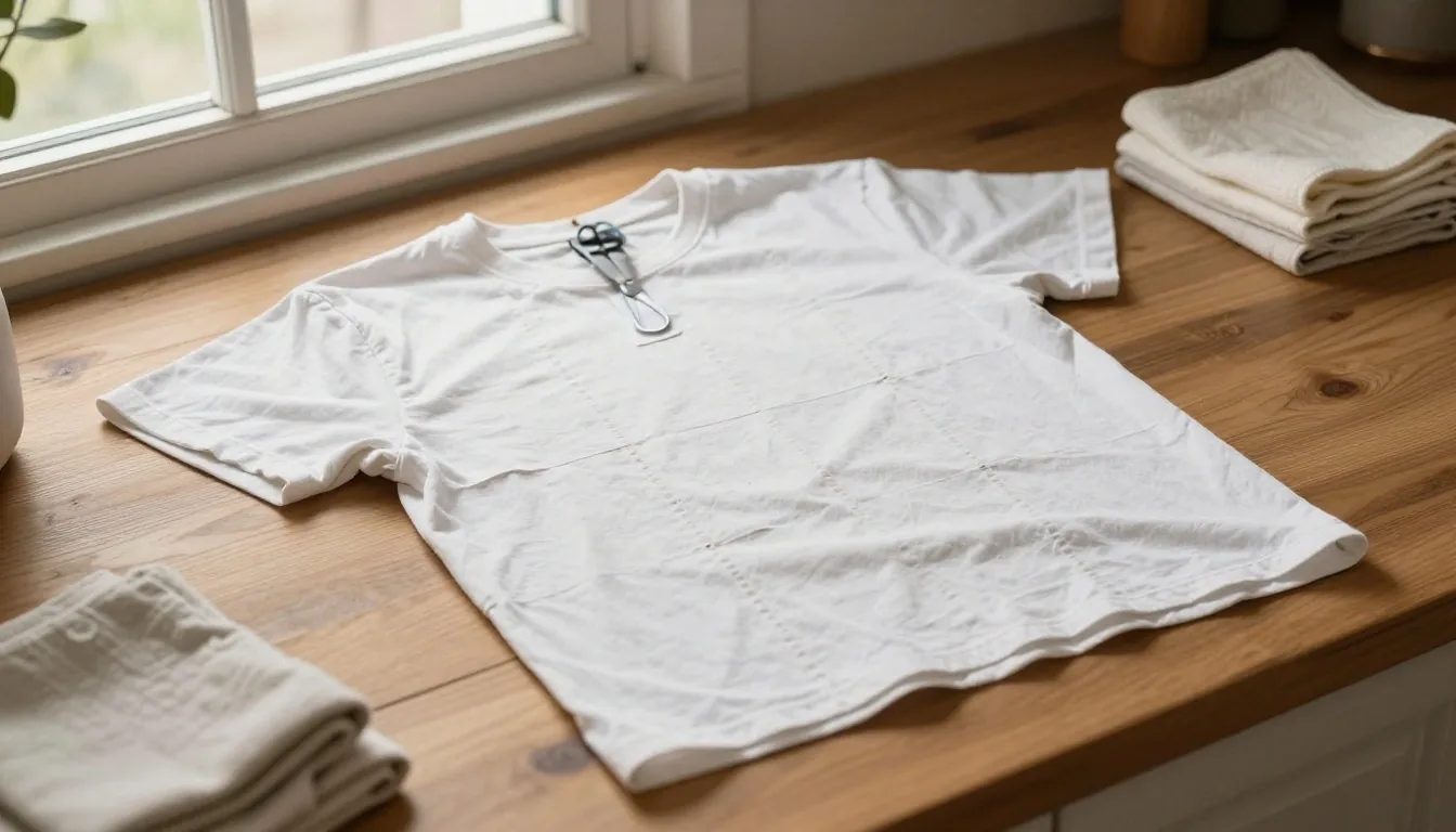 A worn cotton t-shirt being cut into cleaning cloth squares with scissors on a kitchen table