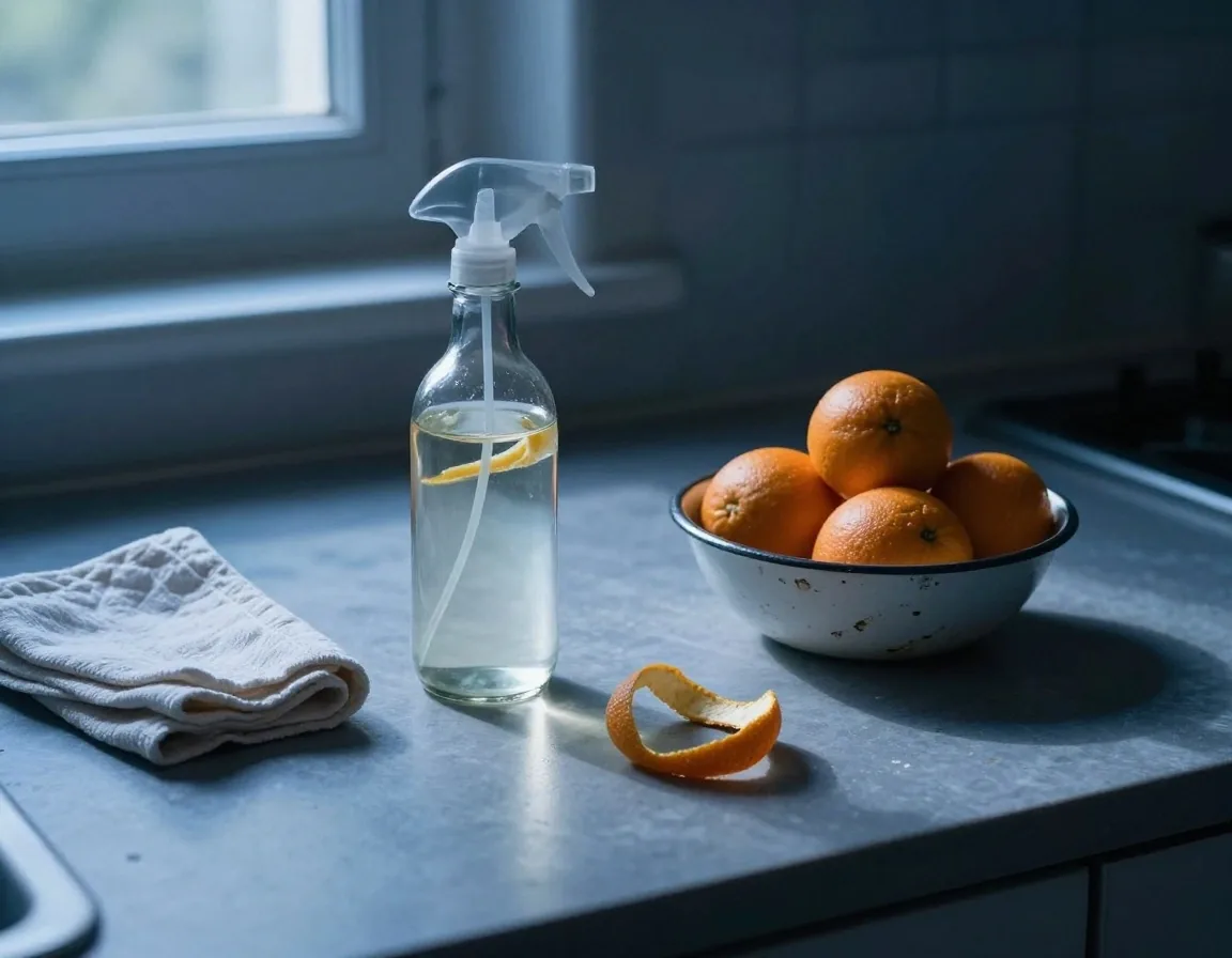 A reused glass spray bottle of vinegar and water with orange peel and a folded cleaning cloth on a kitchen worktop