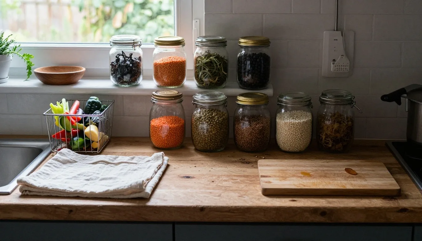 A UK kitchen counter at dusk with glass jars of dry goods, a food waste caddy and a cloth produce bag on a wooden trestle