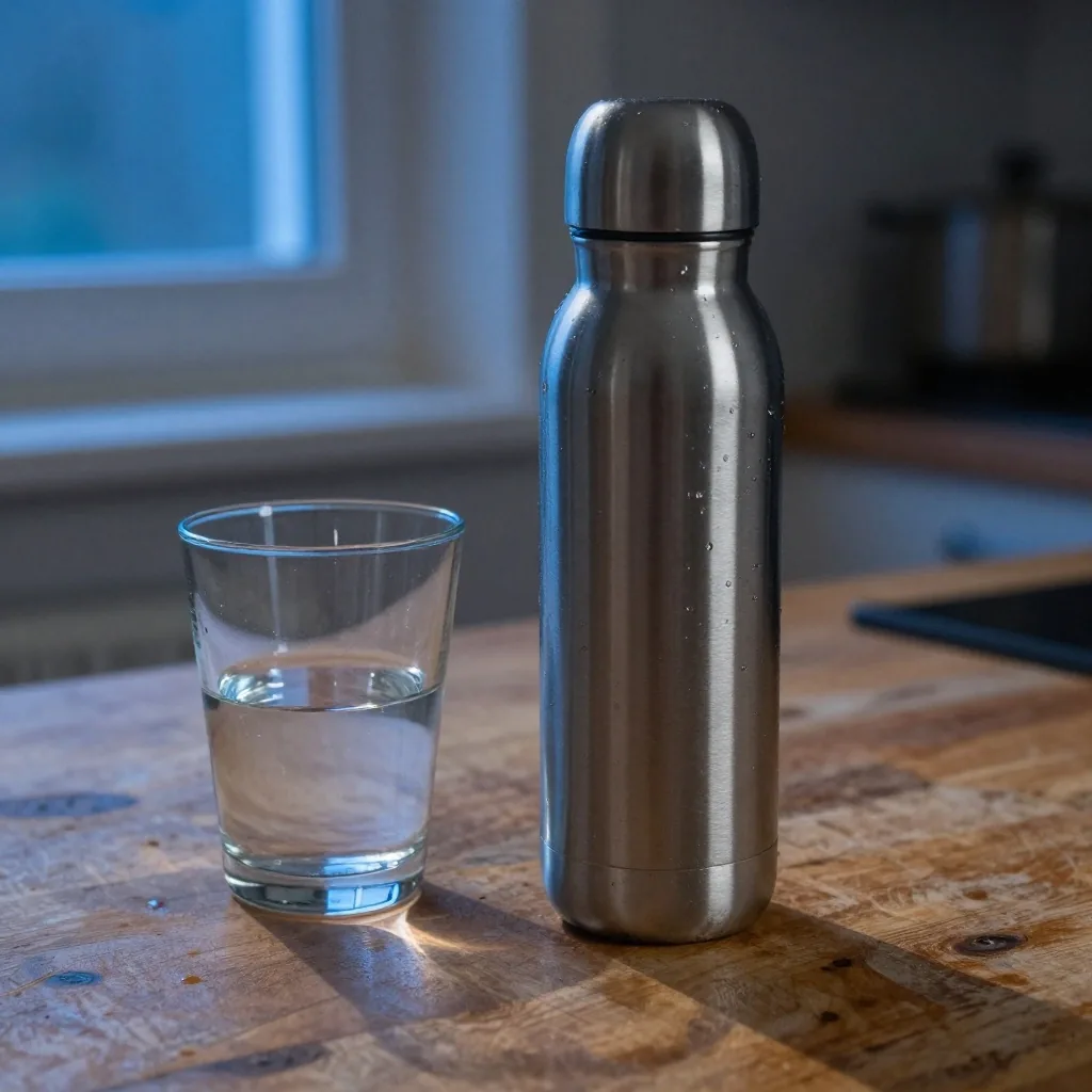 A refillable stainless steel water bottle beside a glass of tap water on a kitchen worktop