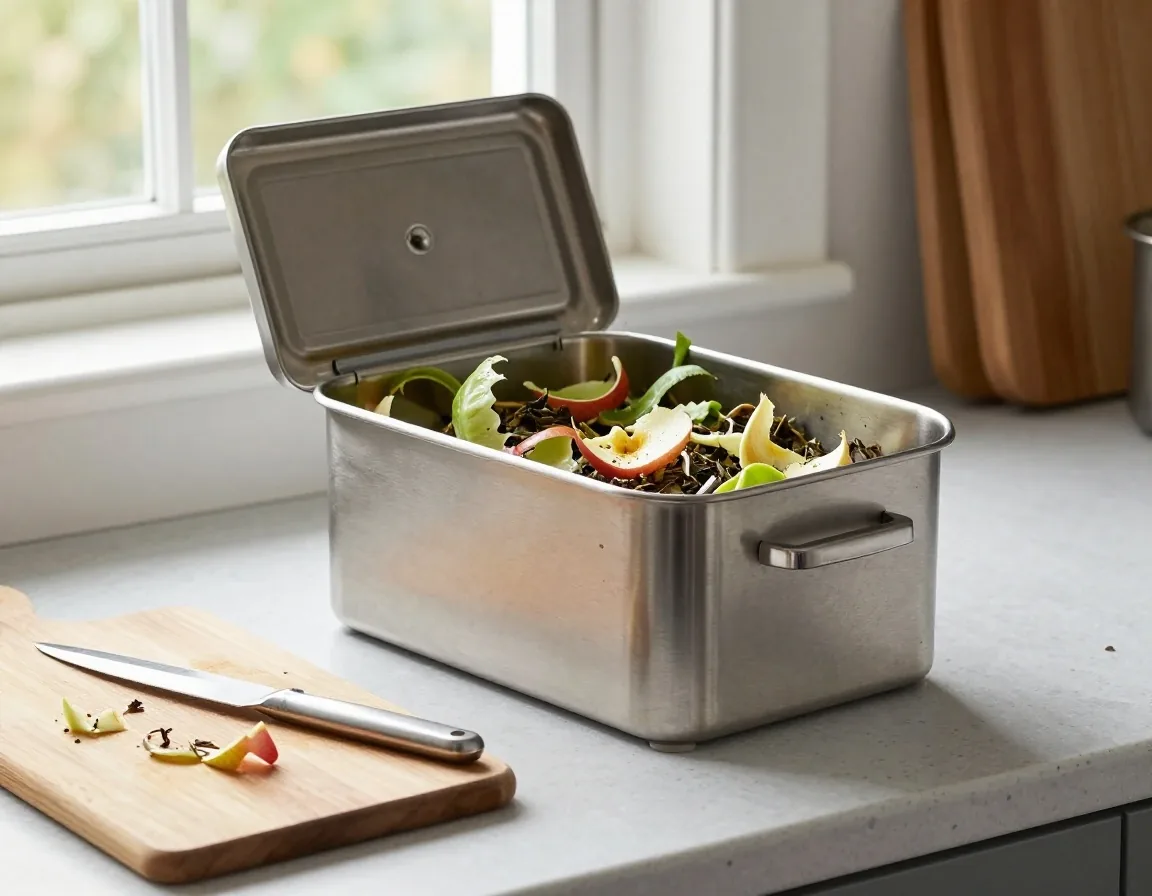 A stainless steel food waste caddy on a kitchen counter filled with vegetable peelings beside a chopping board