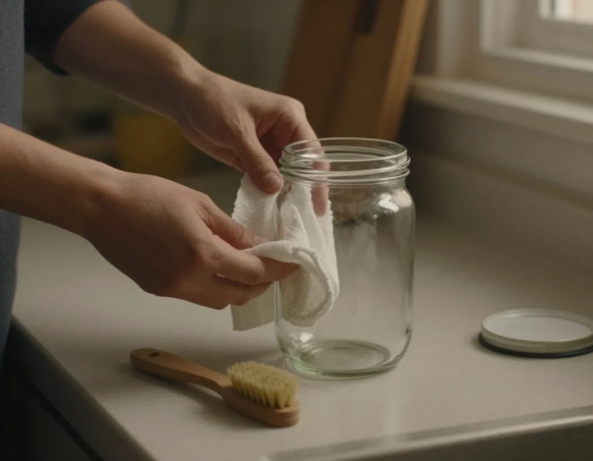 Hands wrapping the middle of a clean glass jar with a strip of cotton cloth on a kitchen counter