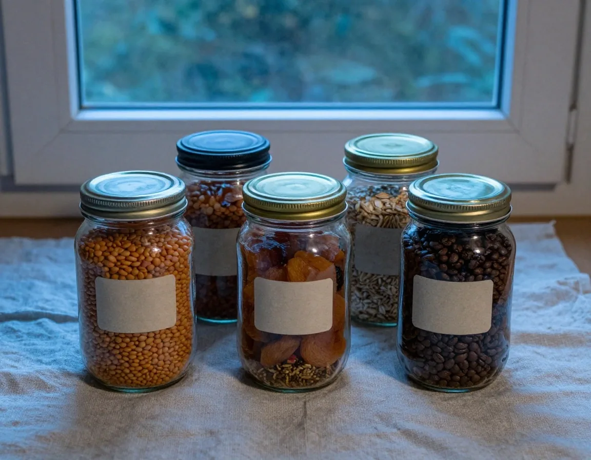 Reused glass jars holding lentils, rice, oats and dried fruit on a linen cloth
